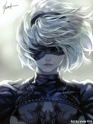 Dramatic digital painting portrait of NieR: Automata character 2B, focusing on her white hair and blindfold against a high-contrast bright background.