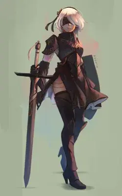 A digital painting of 2B from NieR: Automata standing and leaning on her large sword. She wears her iconic black dress, blindfold, and boots against a simple painterly background.