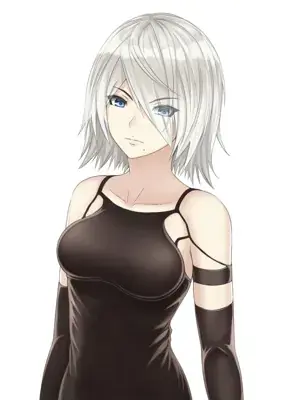 A digital illustration of A2 from NieR: Automata with short white hair and a black outfit, looking toward the viewer with a serious expression.