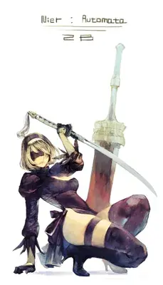 Digital painting of 2B from NieR Automata crouching with a katana on a white background.