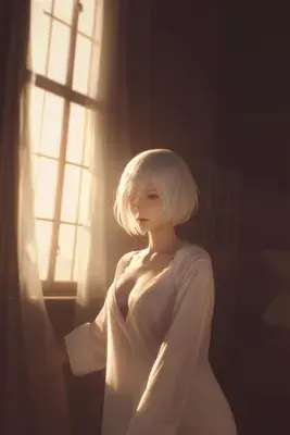 Digital art of 2B from NieR:Automata standing in a sunlit room.