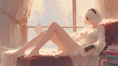 2B relaxing by a window in a digital art illustration.