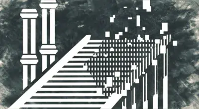 Abstract digital art representing a glitching architectural structure, inspired by NieR:Automata.