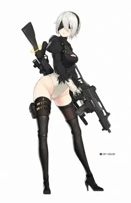 Digital art of 2B from NieR: Automata standing with an assault rifle, wearing a black top and white leotard.
