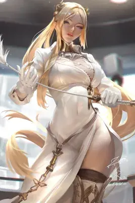 A detailed digital painting of the Commander from NieR: Automata in her white dress, holding a sword in a low-angle dramatic pose.