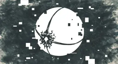 Stylized digital art of the moon from NieR:Automata, glitching with a tree growing on its surface.