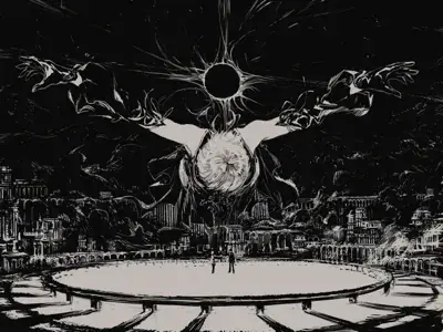 Illustration of 2B and 9S confronting a large, monstrous entity in a ruined city.