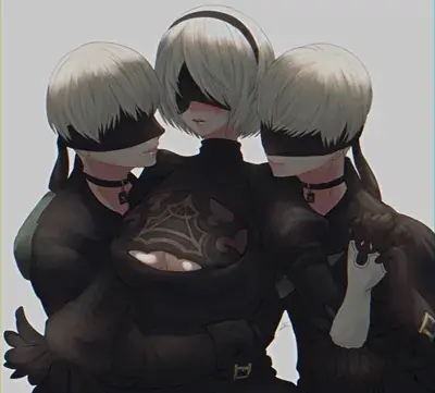 Illustration of three 2B androids embracing each other.