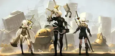 Three women in armor standing in front of a city