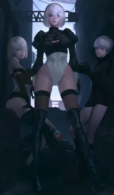 Digital art of three 2B androids from NieR:Automata in their signature outfits.