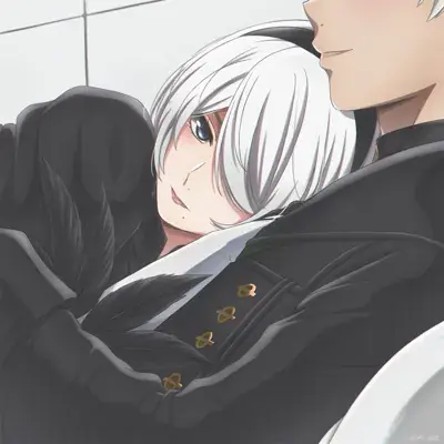 Two anime characters are hugging in a room