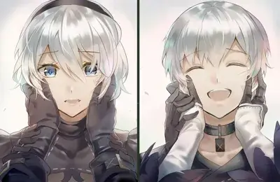 Two anime characters with white hair and blue eyes