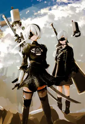 Two anime girls holding swords in front of a cloudy sky