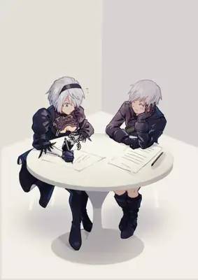 Two anime girls sitting at a table
