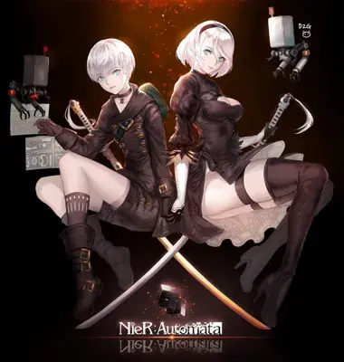 Two anime girls sitting on a chair with swords
