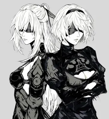 Two anime girls with black hair and white hair