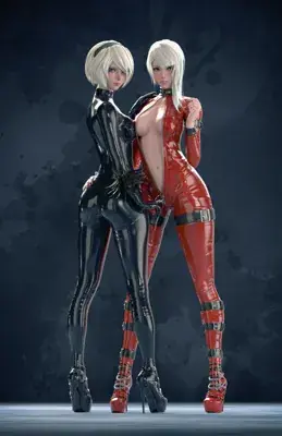 Two sexy women in latent suits posing together