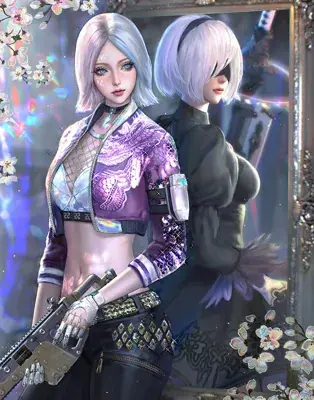 Two women in a mirror with flowers and a gun