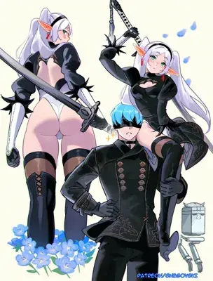 Two women in black and white outfits with swords