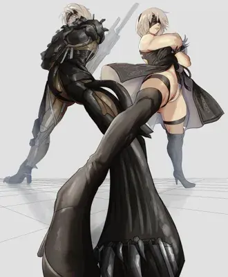 Two women in black outfits, one is holding a sword