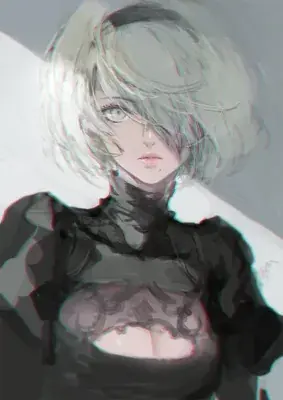 Close-up digital illustration of the android 2B from NieR:Automata with short white hair and her blindfold removed, wearing her signature black dress.