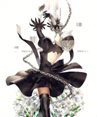 Digital art of 2B from NieR:Automata wielding her chain weapon.