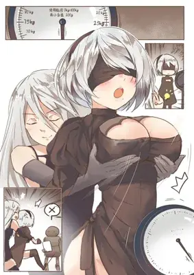 2B hugging 9S in a manga-style illustration with humorous weight measurement panels.