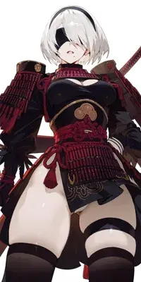 Woman in a black and red outfit with a sword