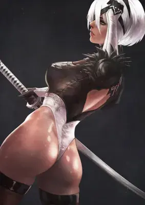 Woman in a black and white outfit holding a sword