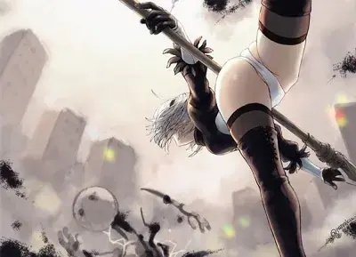 Woman in a black and white outfit is flying through the air