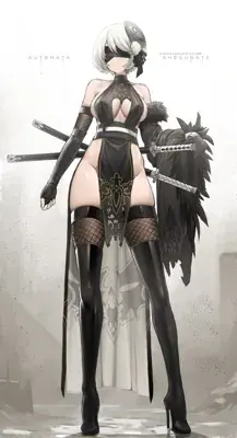 Woman in a black and white outfit with a sword