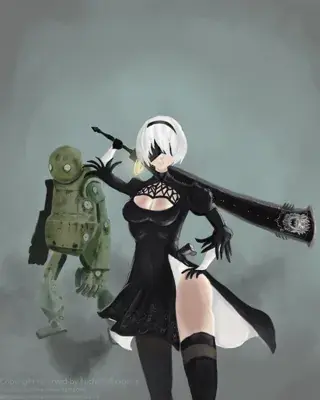 Woman in a black dress and a robot