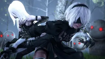 Woman in a black dress and white hair with a knife