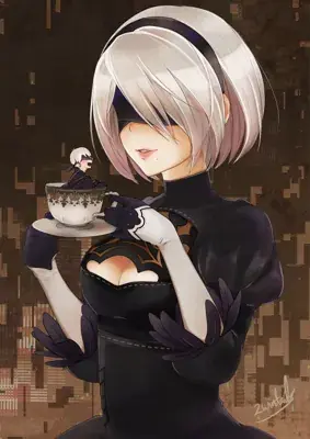 Woman in a black dress holding a cup