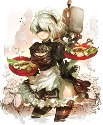 Woman in a black dress holding a knife and a plate of food