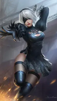 Woman in a black outfit and a white hair, with a sword