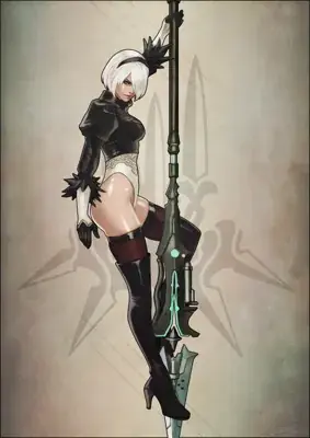 Woman in a black outfit and boots is holding a sword