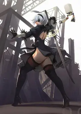 Woman in a black outfit and white hair holding a sword