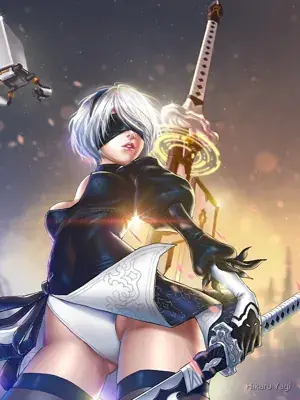 Woman in a black outfit holding a sword
