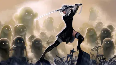 Woman in a black outfit holding a sword
