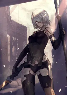 Woman in a black outfit holding a sword
