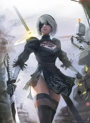 Woman in a black outfit holding a sword