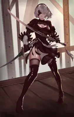 Woman in a black outfit holding a sword