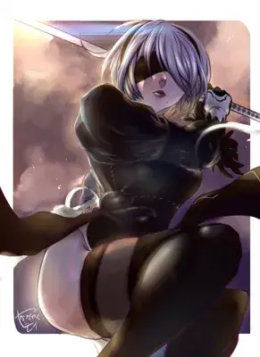 Woman in a black outfit holding a sword