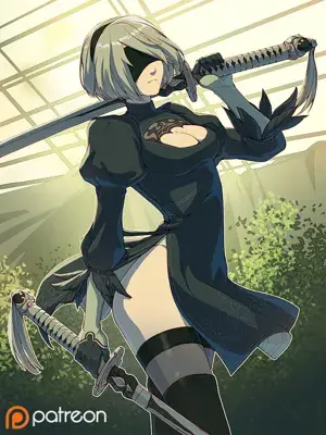 Woman in a black outfit holding a sword