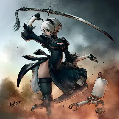 Woman in a black outfit holding a sword