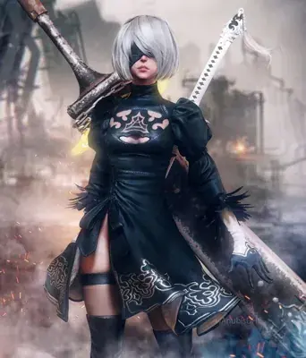 Woman in a black outfit holding a sword