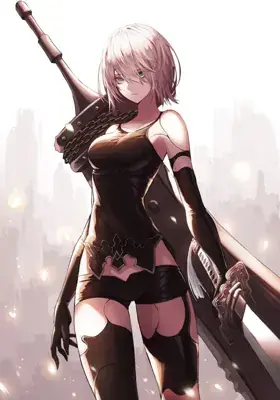 Woman in a black outfit holding a sword