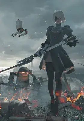 Woman in a black outfit standing on top of a pile of debris
