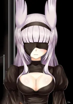 Woman in a black outfit with white hair and a black mask